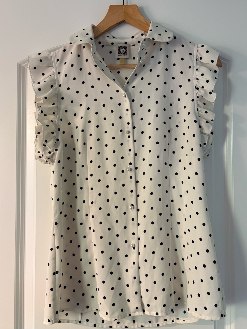 Anne Klein White Polka Dot Ruffle-Sleeve Button Down Blouse